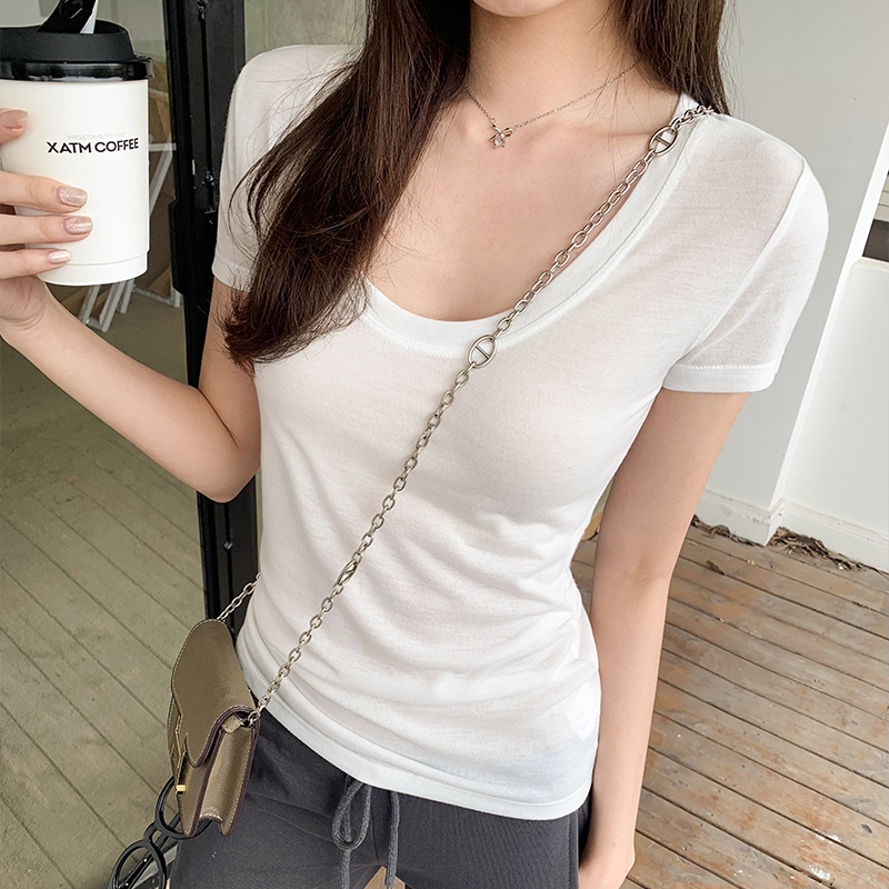 實拍圖U領正肩T恤女2024春夏季新款修身顯瘦短袖上衣潮微透小衫