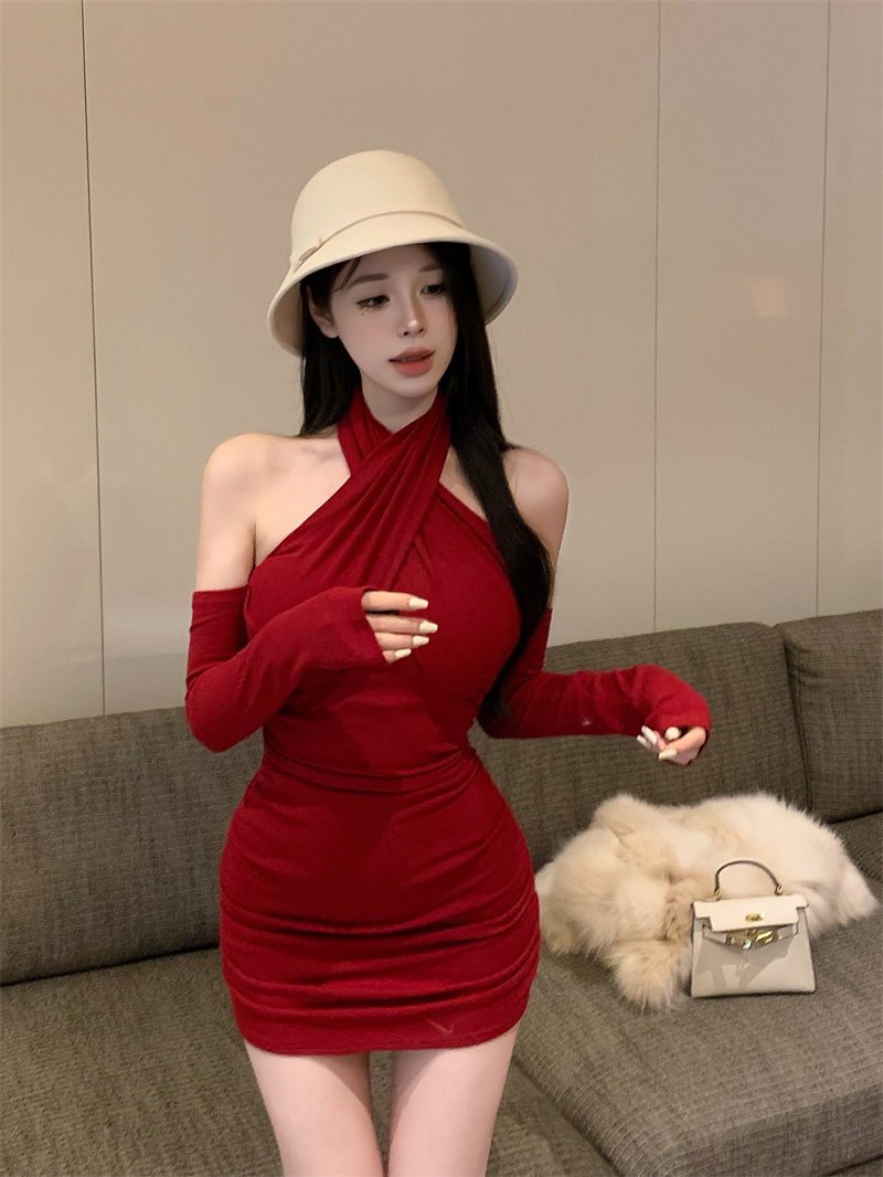 實拍 性感交叉掛脖設計包臀聖誕紅色修身辣妹連衣裙女