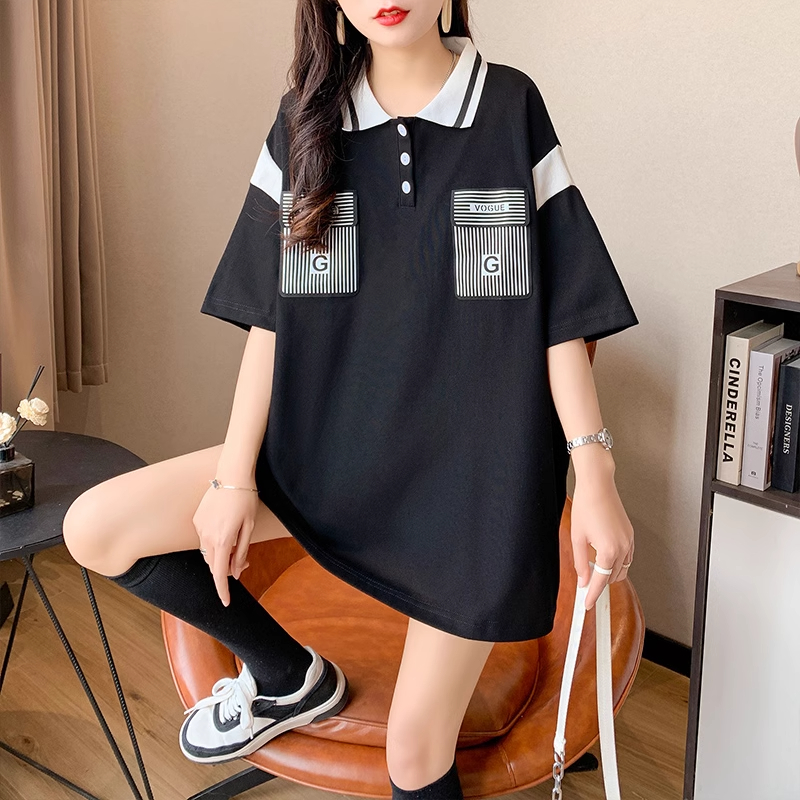 實拍2024夏季韓版新款中長款polo衫拼色短袖t恤女