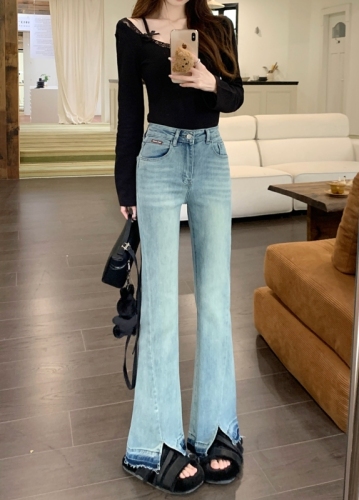 Actual shot #New high-waisted denim trousers for women, designed with leg slits and micro-flared floor-length trousers