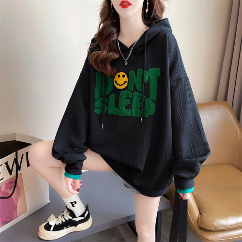 Real shot 2024 spring Korean style loose back bag collar jacquard double layer hat cartoon embroidery large size thin sweatshirt for women