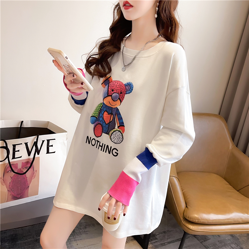 Real shot 2024 spring Korean style loose double-sided German velvet round neck warm splicing long-sleeved bottoming shirt T-shirt for women