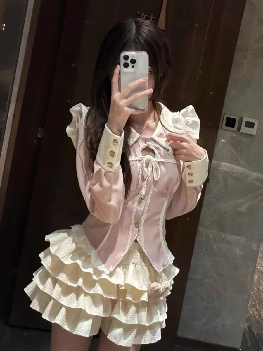 Small sweet suit pink doll collar long-sleeved shirt top women's spring and autumn cake skirt two-piece set