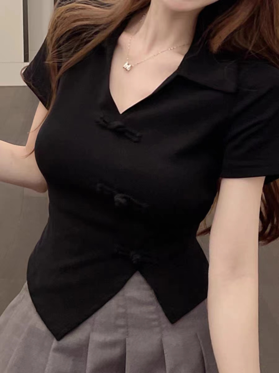 純欲辣妹風修身顯瘦POLO領設計感小眾不規則開叉短袖T恤夏季上衣