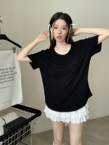Real shot Basic solid color Korean style new V-neck versatile short-sleeved bottoming loose T-shirt top