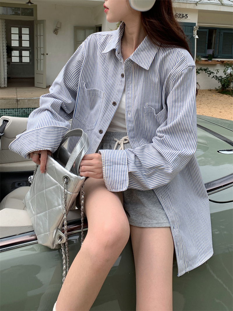 Real shot of early spring new retro shirt colorful striped pink long-sleeved shirt female student niche long-sleeved shirt