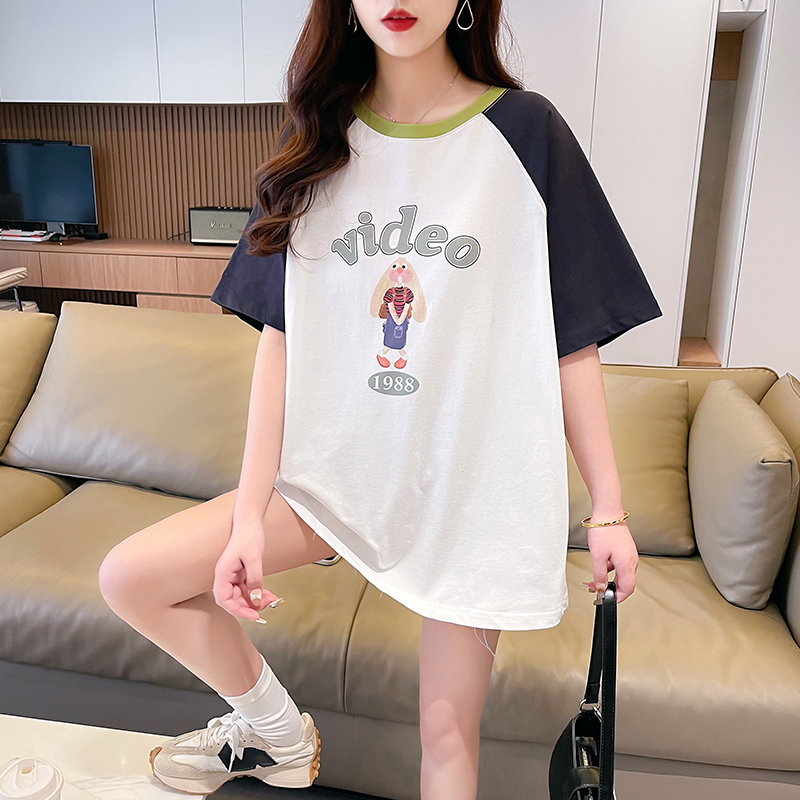 實拍2024夏季100%純棉 韓版中長款撞色印花短袖T恤女