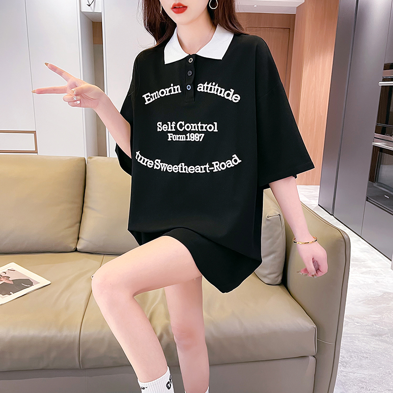 實拍2024夏季純棉珠地中長款POLO短袖刺繡T恤女