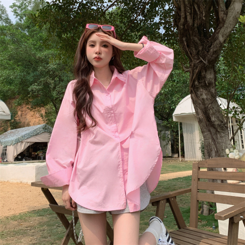 实拍韩国东大门早春粉色披肩衬衫两件套简约宽松长袖纯色衬衣女