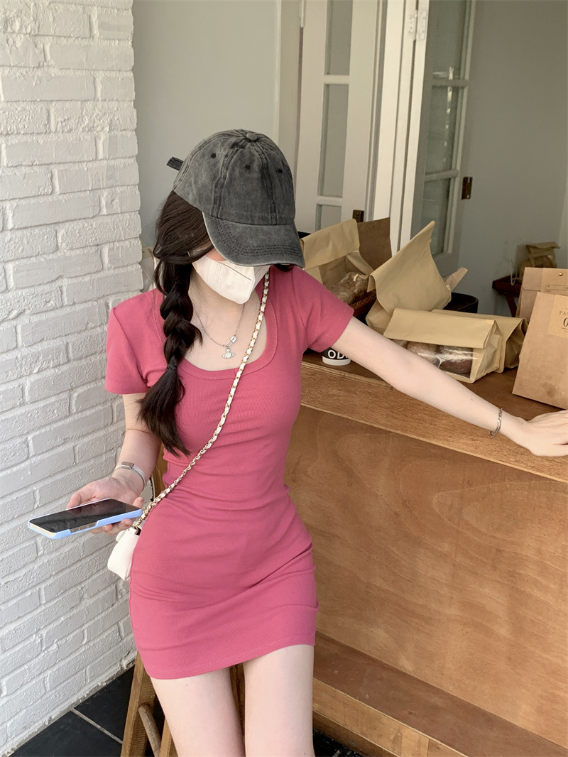 實拍~純欲風粉色連衣裙女修身顯瘦夏季高腰包臀裙