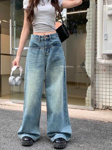Actual shot of spring new loose wide-leg washed blue straight floor-length denim trousers