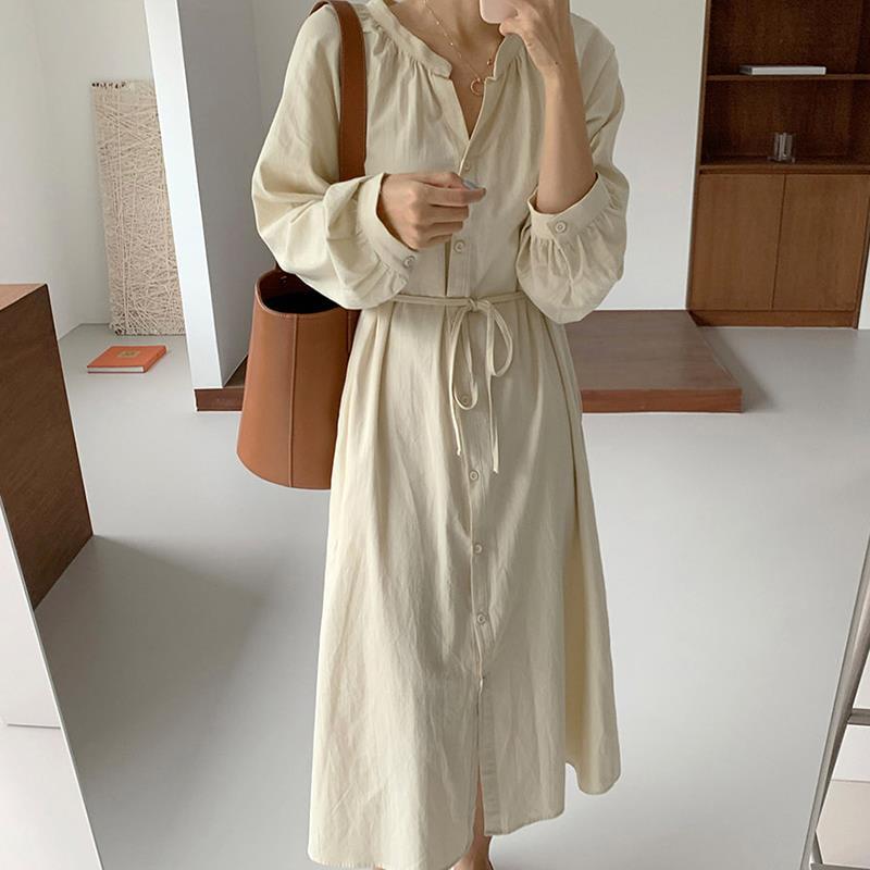 Korean chic spring versatile simple lantern sleeve long single-breasted lace-up waist slimming long-sleeved dress for women