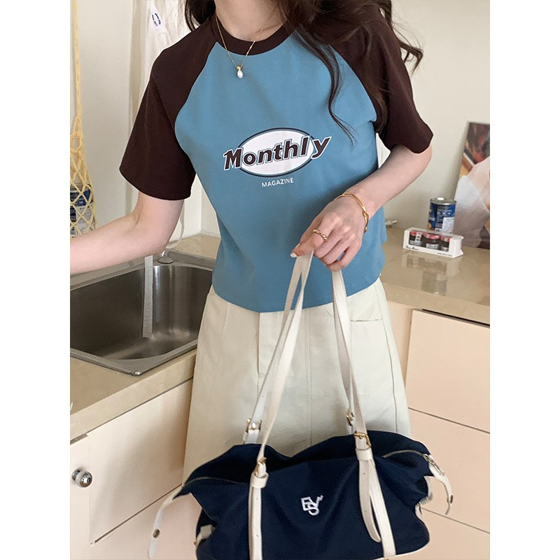 Official picture 6535 stretch cotton short-sleeved short style patchwork color matching American printed letter slim top for women