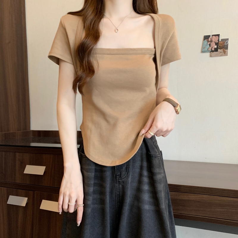 實拍2024夏季40支純棉 2024夏裝設計感小眾純色短袖T恤女ins潮