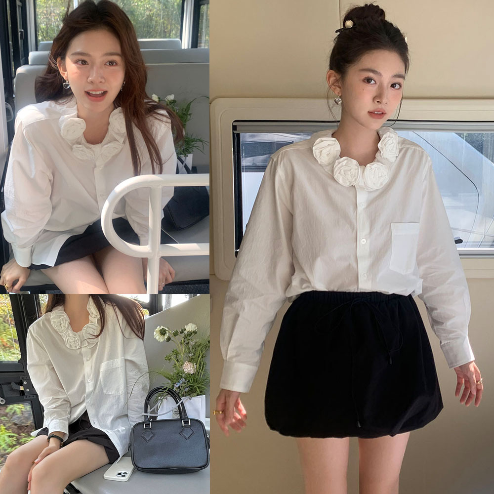 Actual shot of early spring niche handmade three-dimensional flower collar design washed cotton long-sleeved cardigan shirt