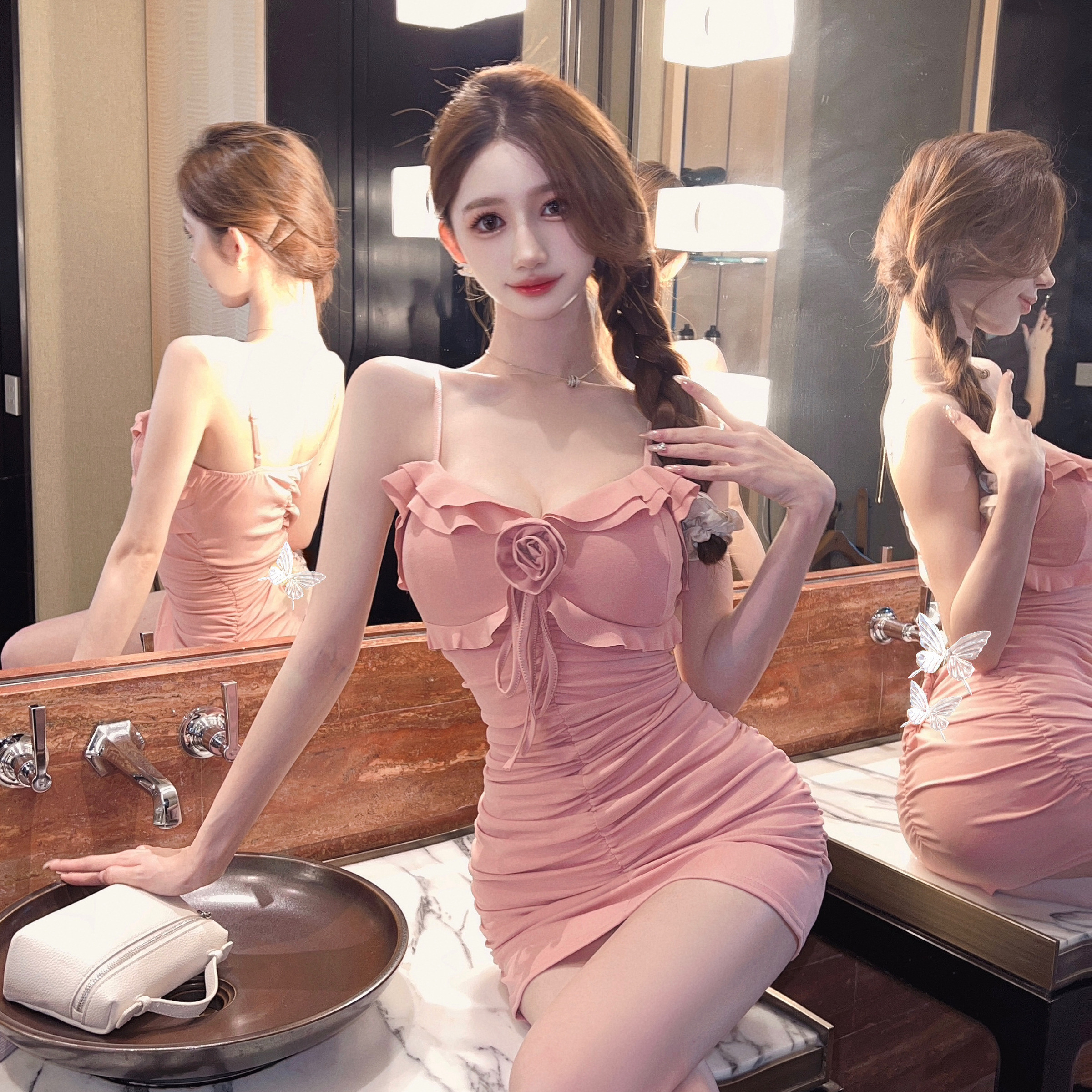 Real shot of French sexy V-neck lace-up ruffled flower suspender dress pure lust tight hip-hugging short skirt