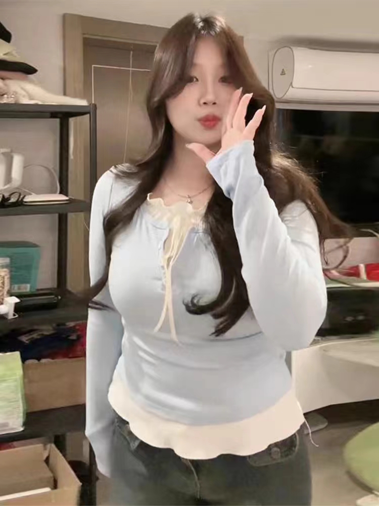 大碼純欲甜辣假兩件修身上衣女春秋內搭胖mm巨顯瘦打底衫百搭T恤
