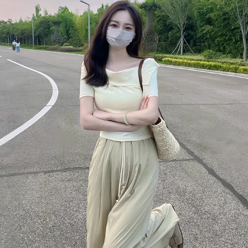 純棉 小眾一字肩短袖t恤女