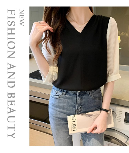 Original workmanship and design niche spring wear 2024 new Korean style temperament V-neck chiffon shirt mid-sleeve top