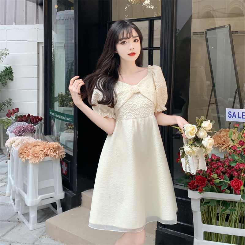 French retro design mesh splicing princess dress for women summer cream yellow sweet temperament puff sleeve dress