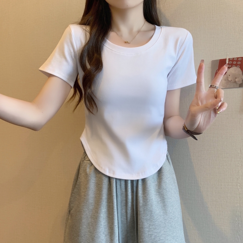 實拍2024夏季40支純棉性感純欲風T恤奶黃色辣妹短袖女