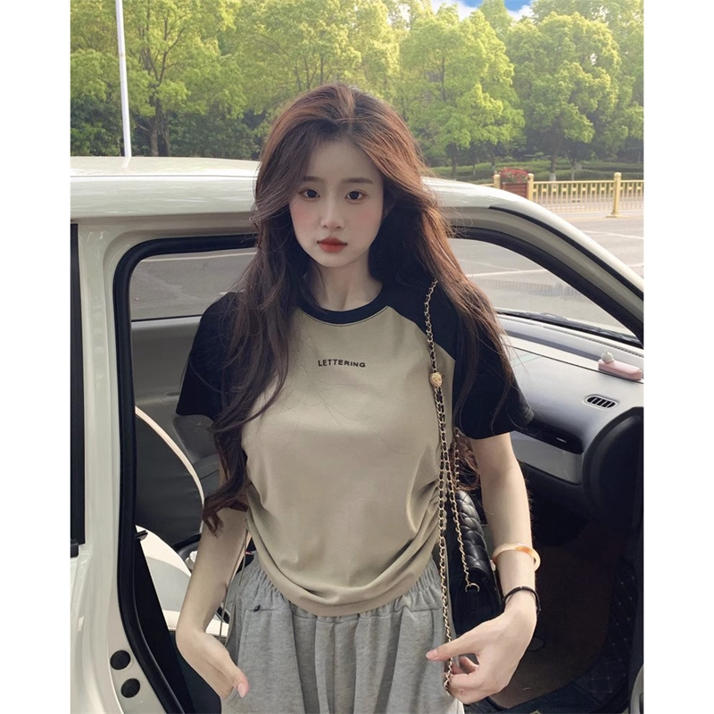 Official picture 6535 stretch cotton contrasting color short-sleeved right shoulder T-shirt for women 2024 summer design short drawstring