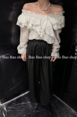 French ruffle top lace 2024 Korean version new design V-neck loose and foreign style age-reducing long-sleeved women's trend