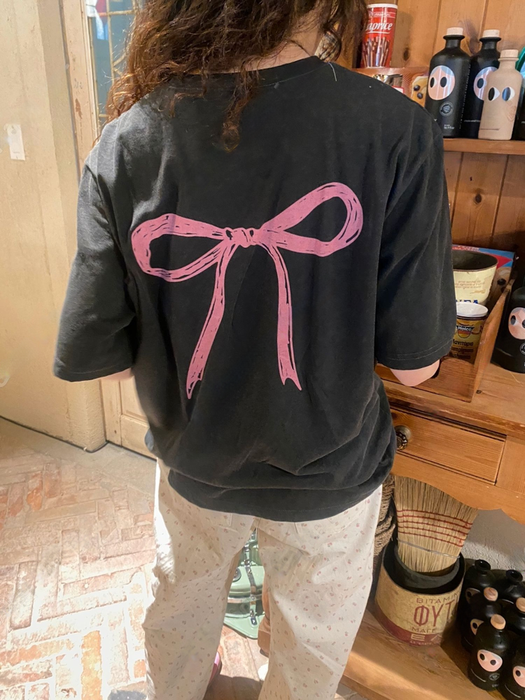 INS韓國東大門！春夏新款後背蝴蝶結印花短袖T恤女