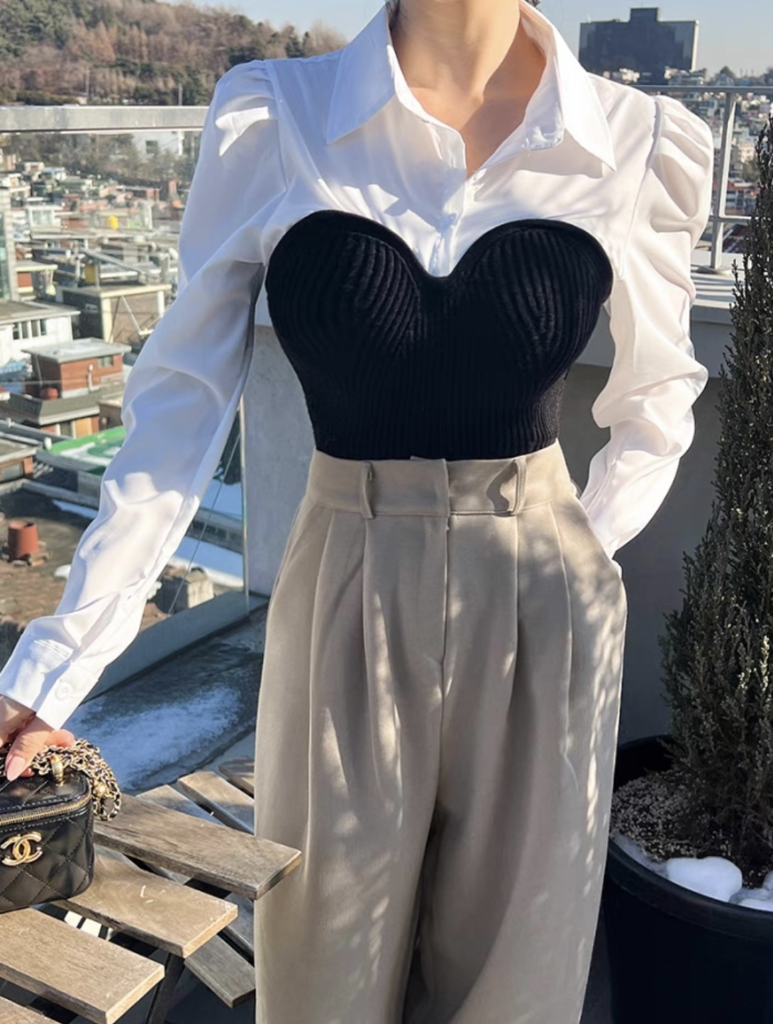 Korean chic autumn niche design lapel splicing knitted fake two-piece design puff sleeve shirt top for women