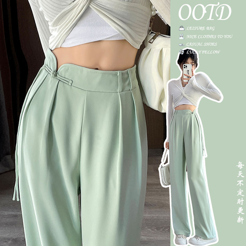 Original workmanship new Chinese style buckle high waist casual pants for women spring national style niche design wide leg straight floor mopping pants
