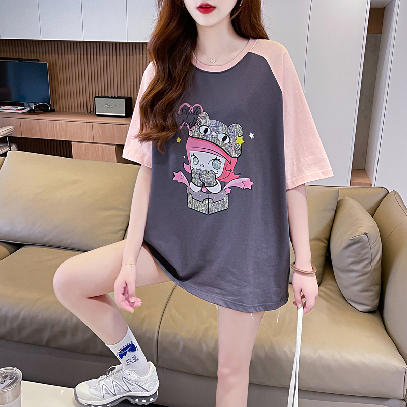 實拍2024夏季韓版200克純棉插肩袖印花鑲鑽拼色大碼短袖T恤女