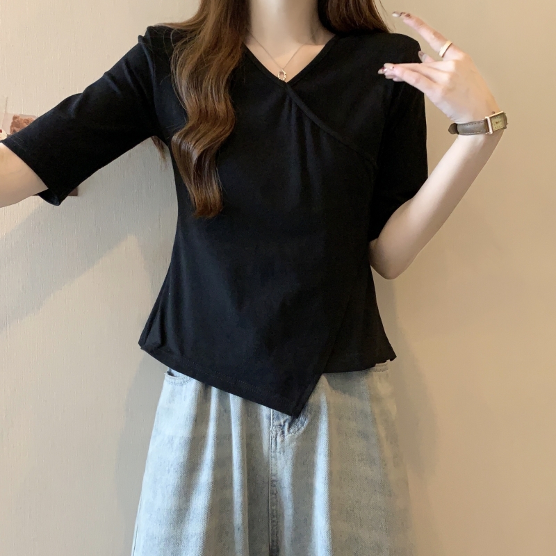 實拍2024夏季40支純棉不規則小眾交叉V領短袖T恤女