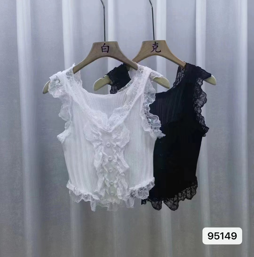 Knitted Camisole Women's Spring 2024 New Pure Desire Style Ruffled Lace Splicing Slim Fit Top