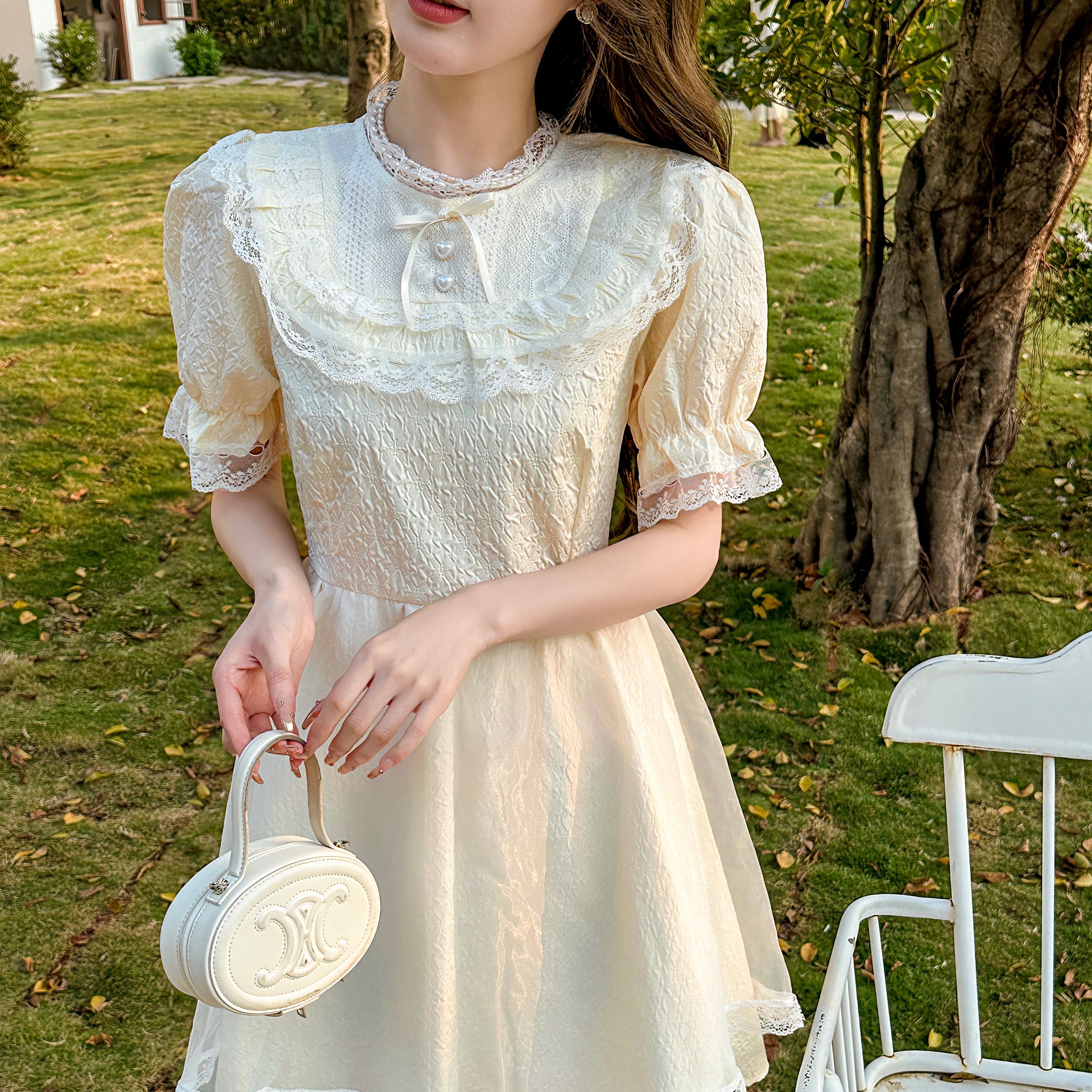 超仙仙女甜美減齡連衣裙春夏2024新款蕾絲花邊提花高腰a字蓬蓬裙