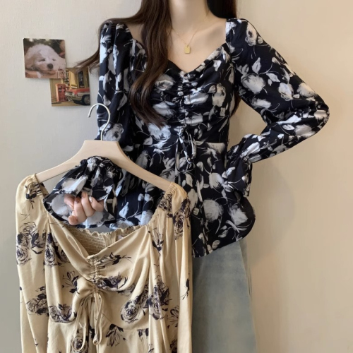 Original workmanship, large size, spring design, V-neck floral drawstring shirt for fat women, waist slimming and chic top