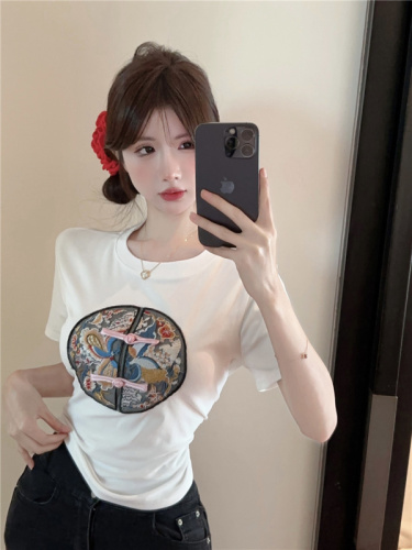 实拍~新中式国风白色短袖t恤女2024年夏季新款设计感圆领上衣