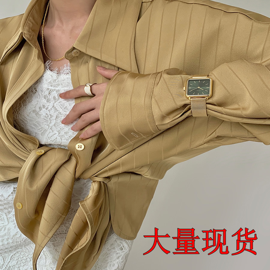防曬衫緞面襯衫女夏季長袖高級感上衣條紋襯衣