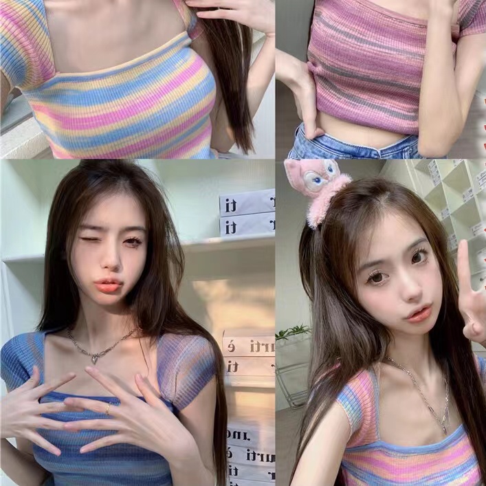Square neck striped sweater for women 2024 summer short design niche pure lust hottie chic short-sleeved top