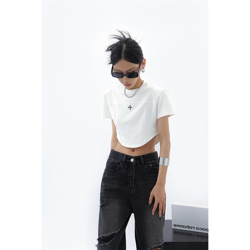 Official photo 220g 6535 stretch cotton with shoulder pad curved short-sleeved T-shirt for women 2024 summer