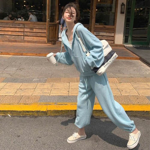 华夫格运动套装女春秋季新款学生韩版宽松时尚卫衣休闲两件套
