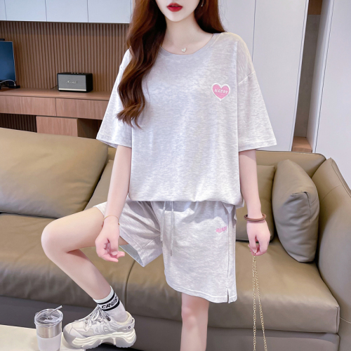 实拍2024夏季韩版质量珠地大码短袖短裤开叉两件套套装女