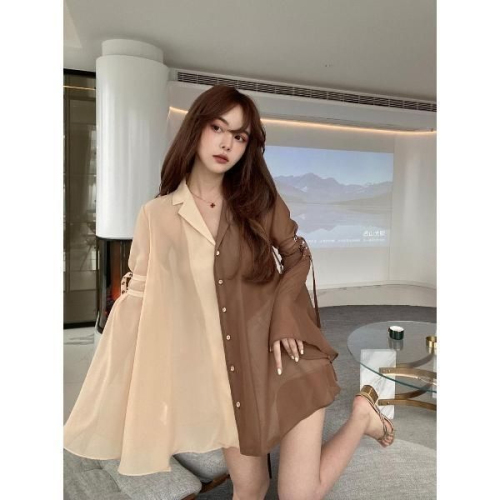 Internet celebrity stitching contrasting color V-neck shirt women's design niche 2024 summer new French chiffon sun protection top