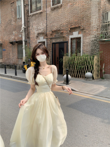 Real shot of French niche design high-end dress for women with gentle and fairy-like puff sleeves