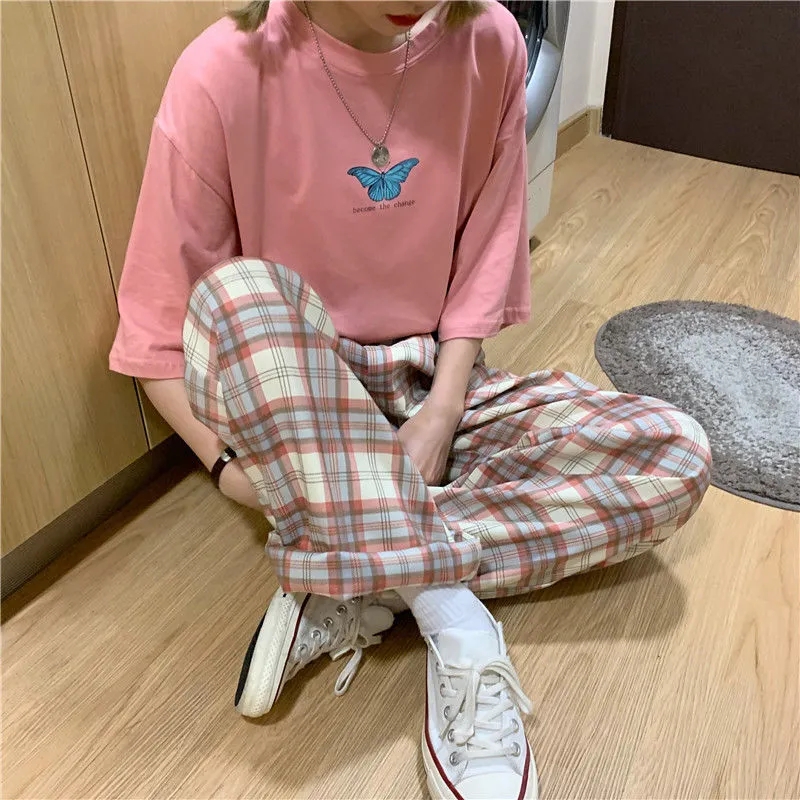 直筒褲寬鬆格子休閒褲女夏季薄款拖地褲百搭闊腿褲