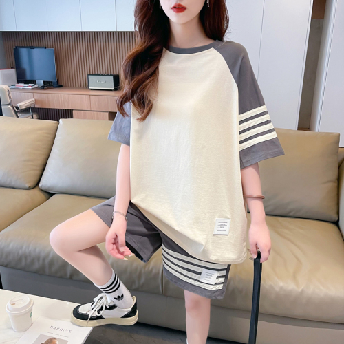 实拍2024夏季韩版纯棉质量大码300斤短袖短裤两件套套装女