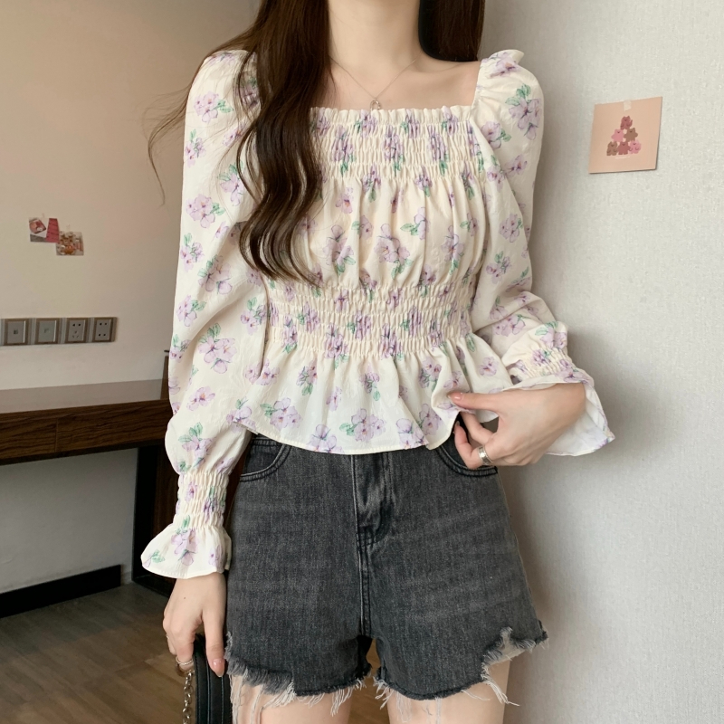 Original workmanship large size waist square collar puff sleeve women's 2024 spring fat MM temperament slim long-sleeved top