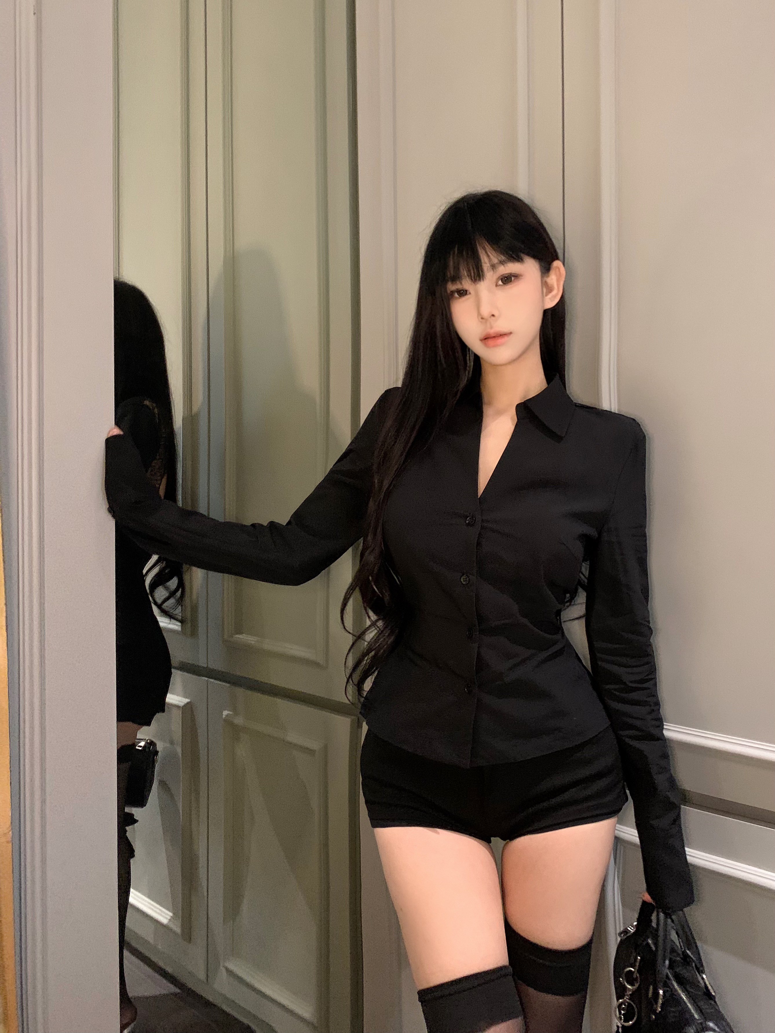 實拍 純欲露背蕾絲polo領長袖襯衫女修身收腰小眾設計感襯衣