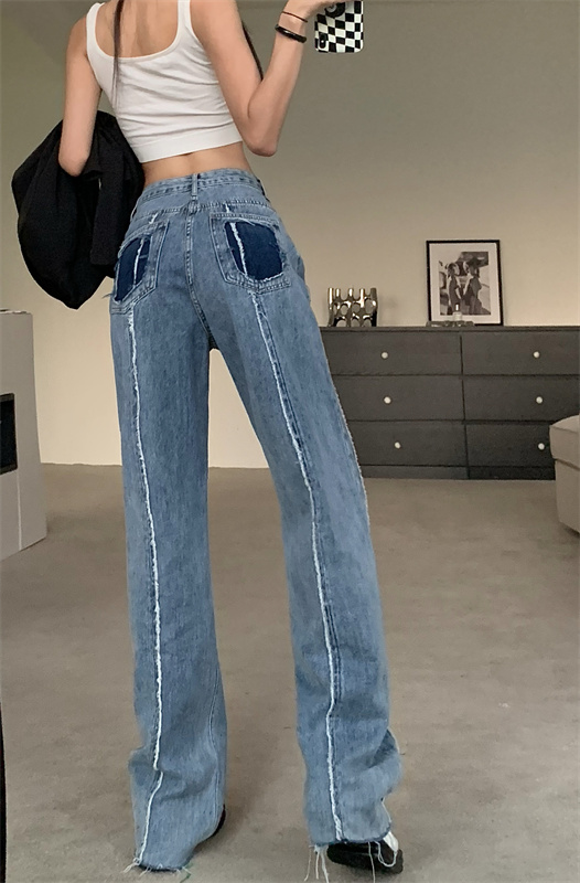 實拍 寬鬆新品白線邊復古直筒毛邊拖地牛仔褲女