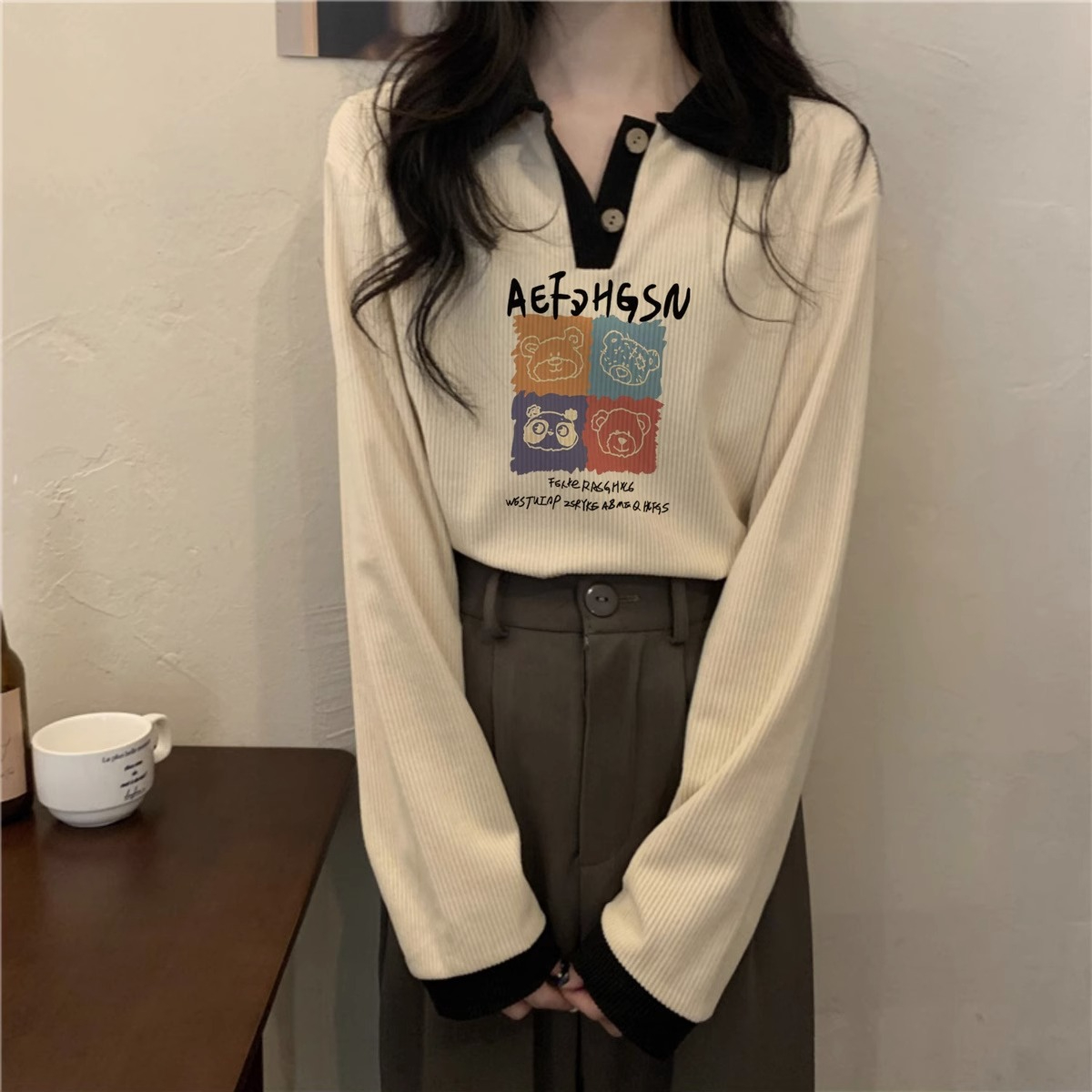 Snakeboy 2024 Contrast Color Polo Neck Right Shoulder Long Sleeve T-Shirt Girly Lazy Style Half Open Collar Bottoming Shirt