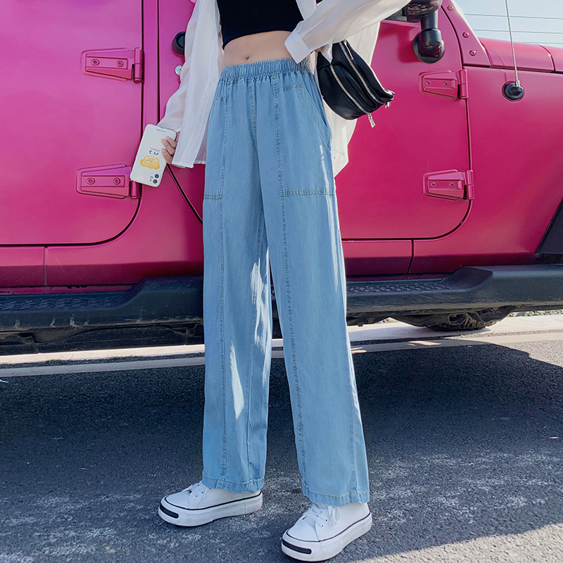 2024 new real shot Tencel jeans women's straight wide leg pants high waist drape thin loose casual pants
